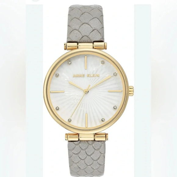 ANNE KLEIN AK GOLD TONE CRYSTAL LIGHT GREY GENUINE LEATHER BRACELET WATCH - Picture 1 of 11